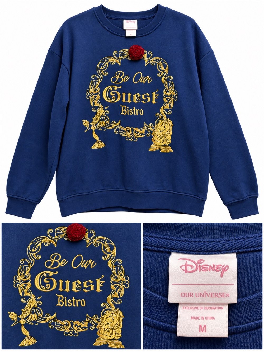 Disney Navy Sweatshirt with Gold 'Be Our Guest' Print and Red Pom